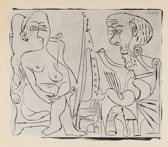 Peintre et modèle au fauteuil, 1963 linocut rincé printed in cream with China Ink on Arches paper  20 7/8 x 25 1/4 inches (image) 24 1/2 x 29 5/8 inches (sheet) 32 1/2 x 36 3/4 inches (framed) one of approximately five impressions