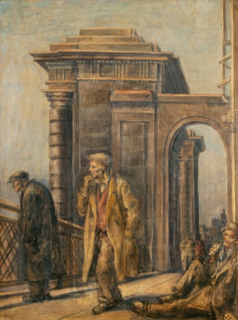 Reginald Marsh, Mr. Broe on the Manhattan Bridge, 1936, tempera on board, 24 x 18 inches