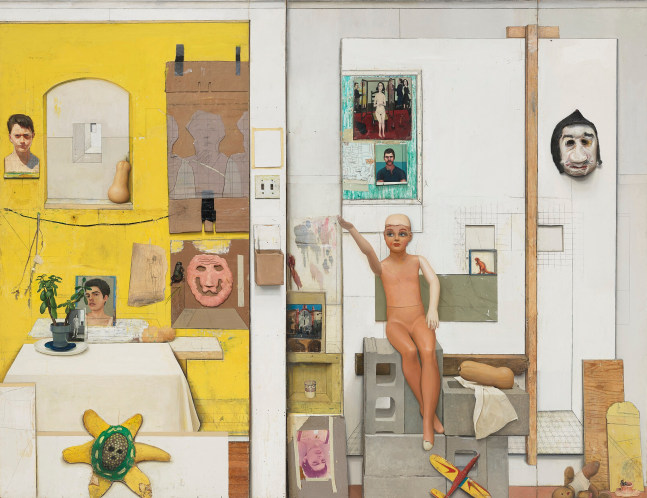 Gregory Gillespie Studio Wall (Still Life with Self-Portrait), 1976, oil, printed paper collage, pencil and Magna on wood, in four parts, 96 x 124 inches
