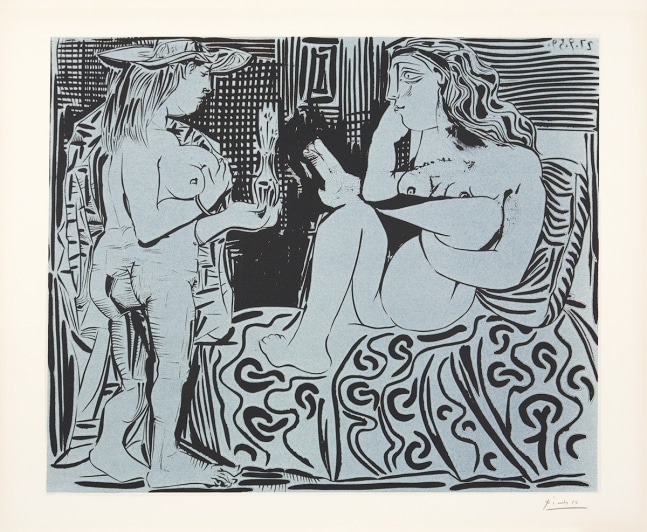 Deux Femmes avec un Vase à Fleurs, 1959 linocut printed in two colors on Arches wove paper 20 1/16  x 25 inches (image) 24 3/8 x 29 1/2 inches (sheet) One of twenty proofs, outside the edition of 50