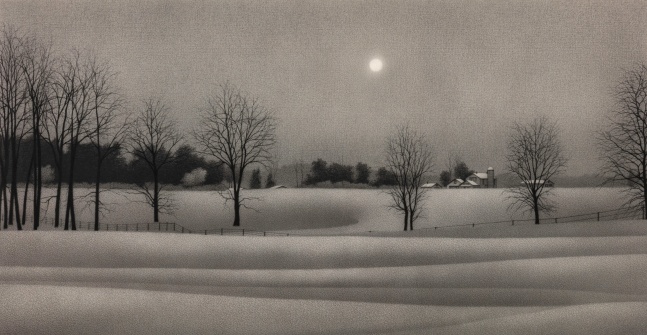 Anthony Mitri Winter Set, Bundysburg, 2022 charcoal on paper 16 1/8 x 31 inches