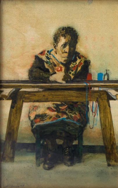 DAVID LEVINE, Black Seamstress, 1974, watercolor on paper, 10 1/2 x 6 1/2 inches