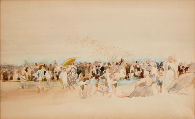 David Levine, Massed Bathers, Coney Island, watercolor on paper, 7 1/4 x 11 3/4 inches