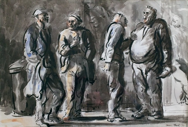 Reginald Marsh, Untitled (Bums on The Bowery), 1944, watercolor and ink on paper, 13 3/4 x 19 inches