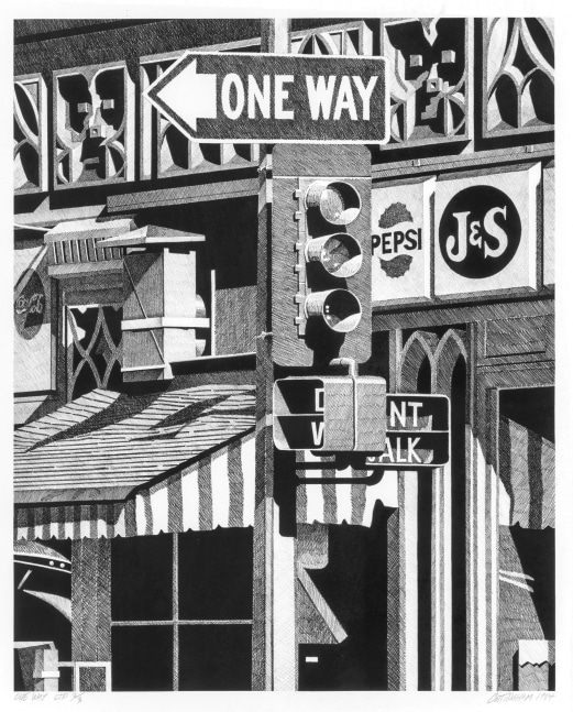 Robert Cottingham, One Way, 1984, black &amp; white lithograph, 26 1/2 x 21 1/2 inches