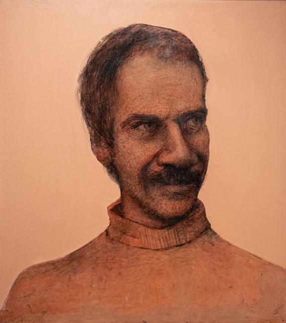 Self Portrait (Sly Look), 1983-84, oil/alkyd, pencil, colored pencil and charcoal on wood, 28 x 25 inches