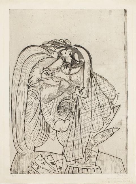 PABLO PICASSO (1881-1973)  La Femme qui pleure I, 1937 (July 1, Paris) drypoint, aquatint, etching and scraper printed on Montval laid paper  27 1/8 x 19 1/2 inches (image) 29 1/2 x 21 3/4 inches (sheet) From the Edition of 15, of the third state Signed, dated, and dedicated in pencil, lower right “Para mi amigo Larrea. Hoy 16 septiembre del 1938” Numbered in pencil lower left “5/15”  Printed by Lacourière  (Bloch 1333) (Baer 623.III.b)