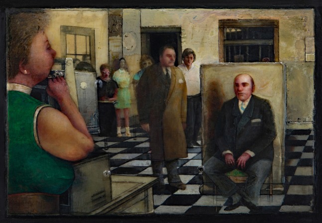 Gregory Gillespie Northampton Motor Vehicle Department, 1971 oil and magna on wood 4 1/2 x 6 1/2 inches