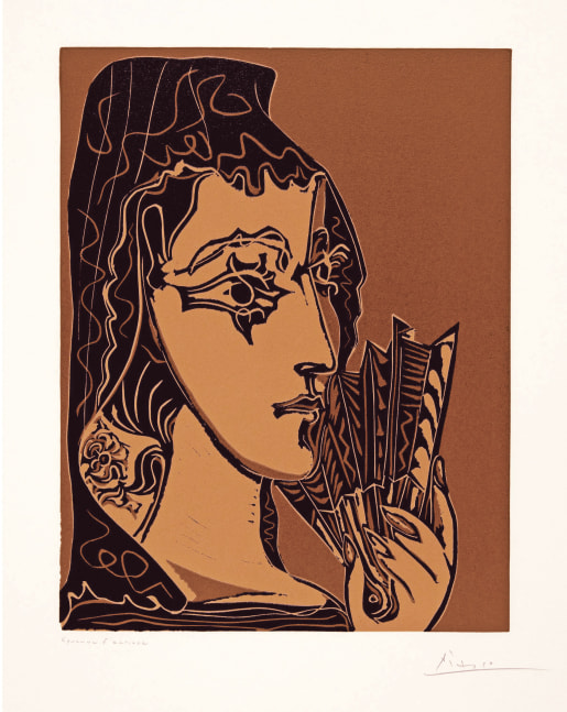 PABLO PICASSO (1881-1973)  Portrait de Jacqueline en Carmen, 1962 (April 15, Mougins)  linocut printed on wove paper with Arches watermark  13 3/4 x 10 5/8 inches (image)  24 5/8 x 17 5/16 inches (sheet)  One of approximately 20 artist proofs outside the Edition of 50  Signed by the artist in pencil lower right &quot;Picasso&quot;  Inscribed in pencil lower left &quot;Épreuve d'artiste&quot;  Printed by Arnéra, Vallauris, 1962  Published by Galerie Louise Leiris, Paris, 1963  (Bloch 1095) (Baer 1324.IV.B.b)  © 2023 Estate of Pablo Picasso / Artists Rights Society (ARS), New York