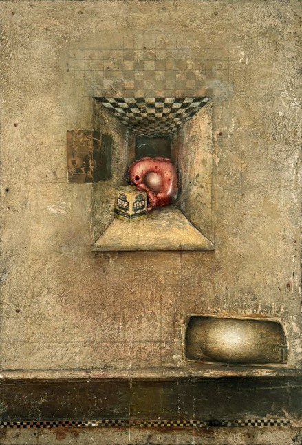 Gregory Gillespie Roman Wall II, 1967 oil and mixed media on board 28 x 19 1/4 inches