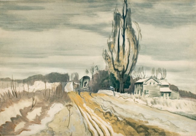 CHARLES BURCHFIELD Horse and Carriage Passing Farmhouse, 1920 watercolor on paper 20 x 29 3/4 inches