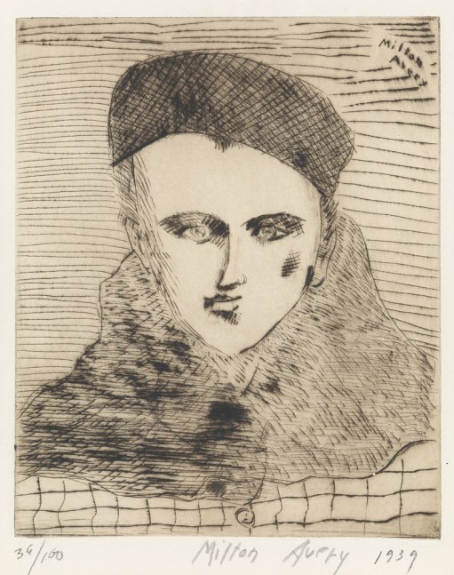 Milton Avery Sally with Beret, 1939 drypoint etching on wove paper 14 7/8 x 13 inches Edition 39/100