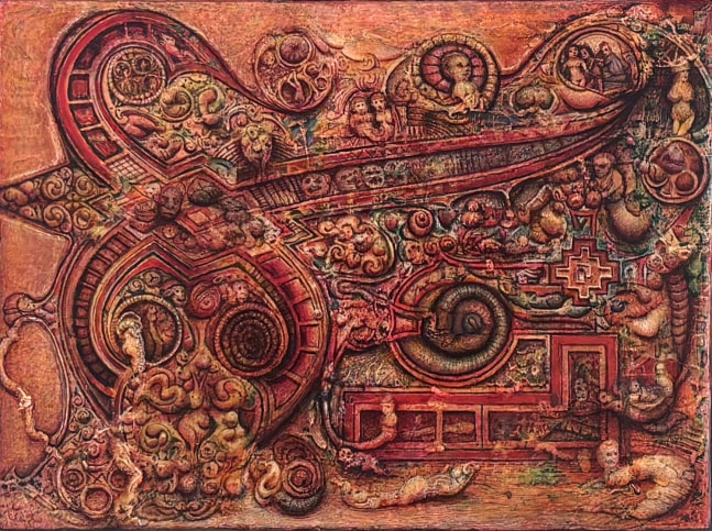 Gregory Gillespie From the Book of Kells, 1995 oil, pencil, and Xerox transfer on panel 19 1/2 x 22 3/4 inches (overall), 10 3/4 x 14 inches (image)