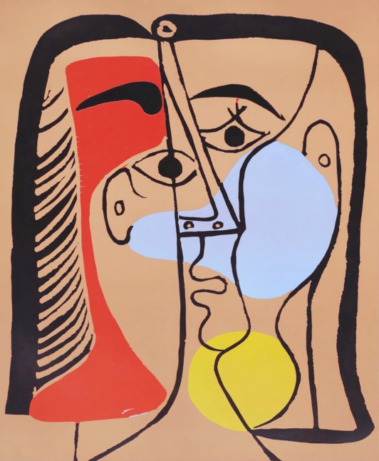 Portrait de Jacqueline aux cheveux lisses, 1962 color linocut printed in beige, yellow, red, blue, and black on cream wove paper with Arches watermark 25 3/16 x 20 11/16 inches (image) 29 5/8 x 24 7/16 inches (sheet) 37 1/4 x 31 3/4 inches (framed) Edition 41/50