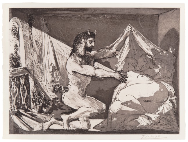 Faune dévoilant une Dormeuse (Jupiter et Antiope, d'après Rembrandt), 1936 (June 12, Paris) sugarlift aquatint and burin with scraper printed on Montval laid paper with Vollard watermark 12 5/16 x 16 5/16 inches (image) 13 1/4 x 17 1/2 inches (sheet) Edition of 250