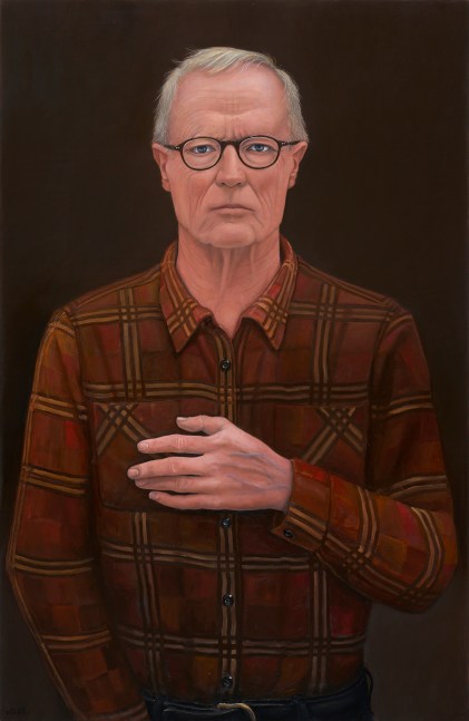 William Beckman Self-Portrait in Plaid Shirt (Anthem), 2022 oil on panel 50 x 32 3/8 inches