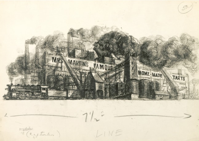 Reginald Marsh, Mrs. Martin's Famous Homemade Tarts, c. 1933, crayon on paper, 10 x 14 inches