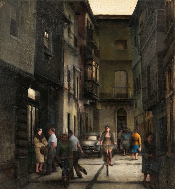 Gregory Gillespie Street in Madrid, 1963 oil and magazine photographs on board 10 3/4 x 10 inches