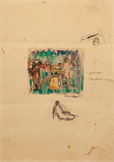 Max Weber and Henri Matisse Untitled watercolor by Weber with notes and sketches by Henri Matisse, 1907 watercolor, pencil, and ink on paper 8 3/4 x 6 3/8 inches