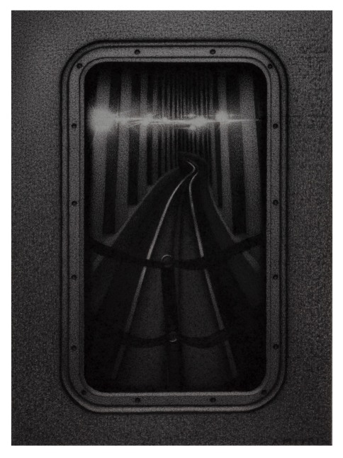 Anthony Mitri, Hind Sight 2, D Train, NYC, 2020, charcoal on paper, 7 1/2 x 5 1/2 inches