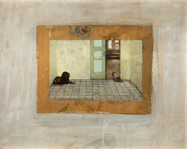 Gregory Gillespie, Dog and Doll in Room, 1981, mixed media on board, 25 x 31 inches