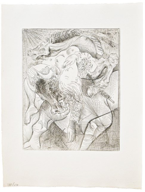 PABLO PICASSO (1881-1973)  Marie-Thérèse en Femme Torero, 1934 (June 20, Paris) From the Suite Vollard (S.V. 22) etching on Montval laid paper with Picasso watermark  11 5/8 x 9 1/4 inches (image) 17 5/8 x 13 5/16 inches (sheet) From the Edition of 260 Inscribed in pencil lower left “378/220”  Inscribed in pencil lower right verso “496096”  Petiet Estate stamp on verso  Printed by Lacourière, 1939  Published by Vollard, 1939   (Bloch 0220) (Baer 426.B.d)