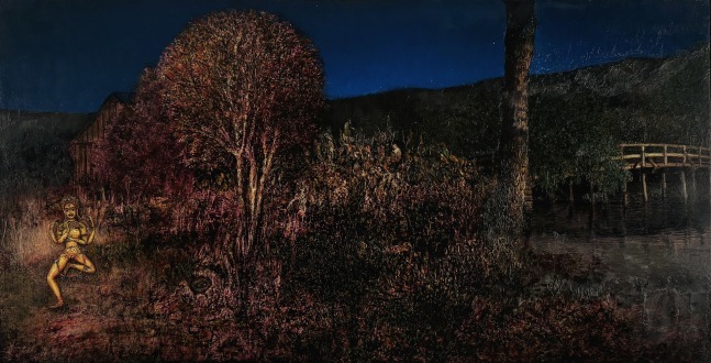 Gregory Gillespie Landscape with Dancing Shiva, 1983-90 oil and alkyd  on board 15 x 30 1/2 inches