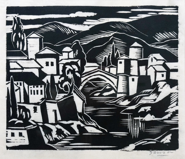 Emil Ganso The Bridge Woodcut 8 x 9 1/2 inches