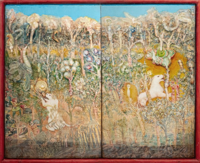 Gregory Gillespie White Lions, 1997 oil on panel 22 x 27 inches