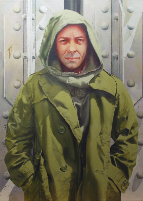 Joseph McNamara, Man in Raincoat (SOLD), 1981, oil on canvas, 42 x 30 inches
