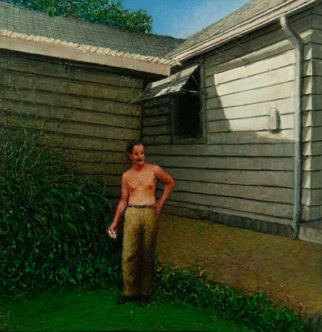 Gregory Gillespie Self-Portrait in Backyard, 1999 oil on wood 10 1/2 x 11 inches