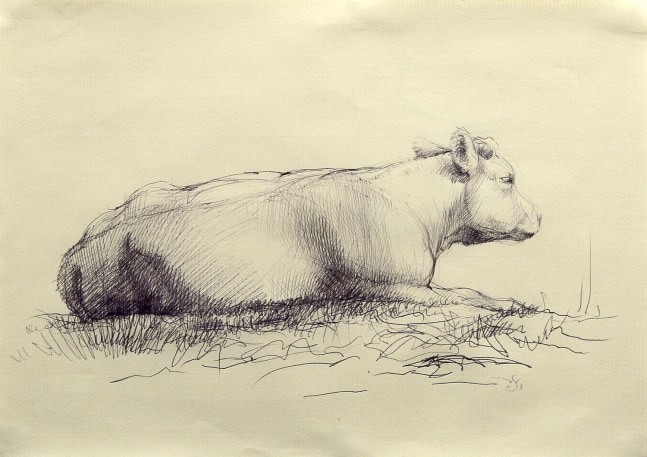 Wade Schuman Cow (from side), 2003, black ballpoint pen on buff paper, 7 1/2 x 10 inches