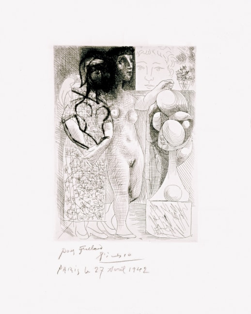 PABLO PICASSO (1881-1973)  Muse montrant à Marie-Thérèse pensive son Portrait sculpté, 1933 (March 17. III, Paris) etching and drypoint printed on Montval laid paper with Picasso watermark 10 1/2 x 7 5/8 inches (image) 16 7/8 x 13 1/4 inches (sheet) One of 2 or 3 artist proofs printed before steel facing, of the seventh (final) state Signed in pencil lower left “Picasso” Inscribed in pencil lower left &quot;Pour Frélaut,  Paris le 27 Avril 1942&quot;  Printed by Lacourière, 1942  (Bloch 0257) (Baer 299.VII.A.b)