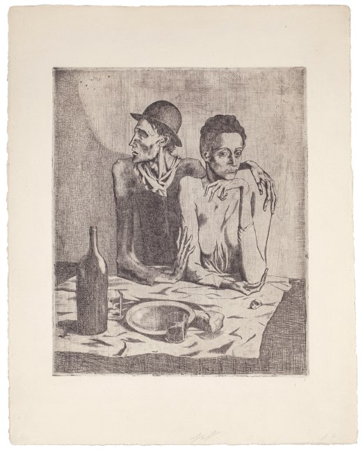 Le Repas frugal, 1904 (September, Paris) etching and scraper printed on Van Gelder Zonen wove paper with Van Gelder Zonen watermark  18 1/4 x 14 3/4 inches (image) 25 3/4 x 19 7/8 inches (sheet) Edition of 250, from the Suite des Saltimbanques