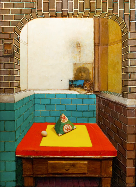 Gregory Gillespie Roman Interior Kitchen (Still Life with Milk Carton), 1967-69 oil on panel 63 x 45 1/2 inches