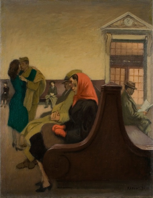 Raphael Soyer, Waiting at the Station, c. 1941, oil on canvas, 18 x 14 inches