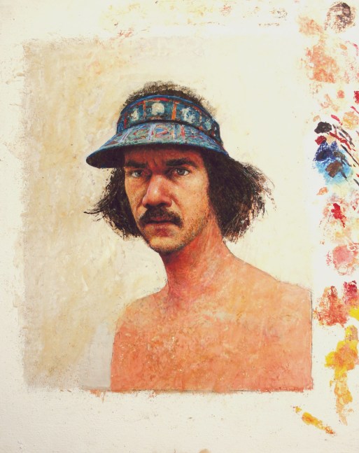 Gregory Gillespie Self-Portrait with Blue Visor, 1979 oil on paper mounted to panel 31 3/8 x 25 5/8 inches