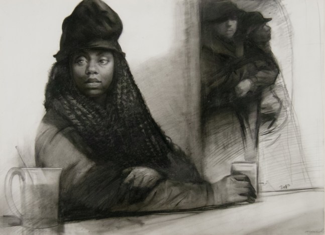 Steven Assael, Janice with Beer, 2010, graphite and crayon on paper, 10 x 13 3/4 inches