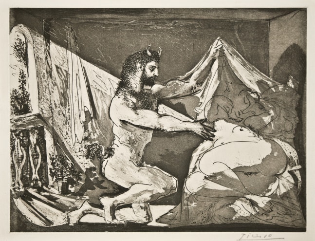 Pablo Picasso Faune dévoilant une Dormeuse (Jupiter et Antiope, d'apres Rembrandt), 1936 (June 12, Paris) Sugarlift aquatint &amp; burin with scraper printed on Montval laid paper with Vollard watermark 12 5/16 x 16 5/16 inches (image) 13 1/4 x 17 1/2 inches (sheet) Edition of 250