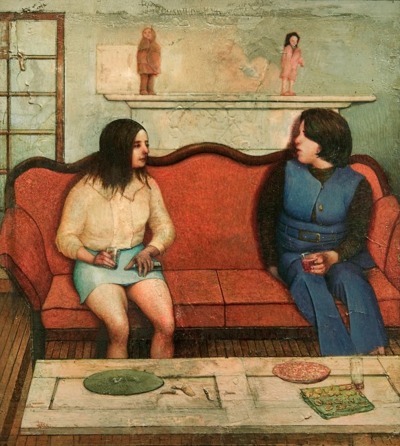 Gregory Gillespie, Sisters, 1973, oil on wood, 9 1/2 x 8 1/2  inches