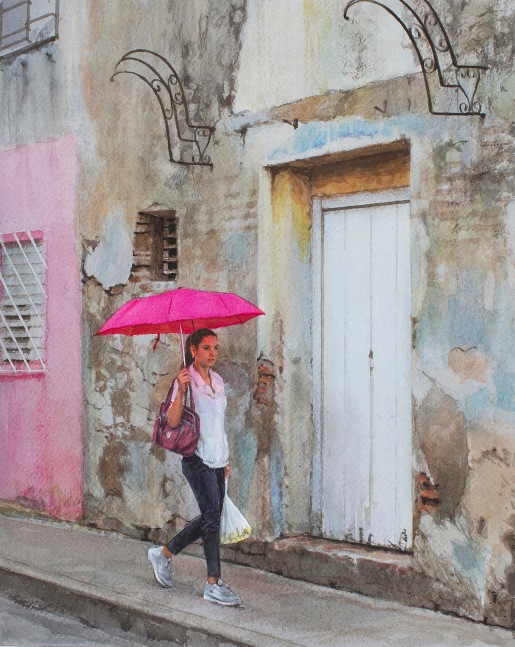 Rance Jones, Paraguas Rosa, 2021, watercolor on paper, 12 x 10 1/2 inches