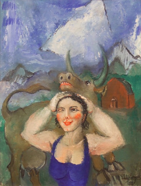 Philip Evergood, Girl and Soulful Cow, 1948, oil on canvas, 16 x 12 1/4 inches