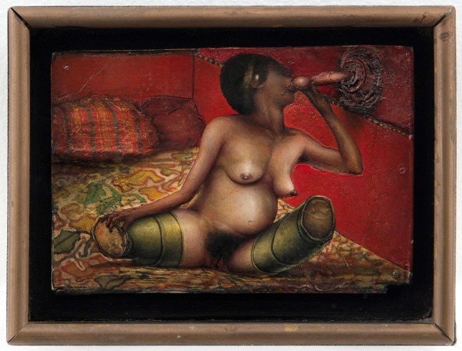 Gregory Gillespie Pregnant Female, 1967 oil on wood 4 3/8 x 5 3/4 inches (includes artist's frame)