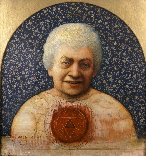 Gregory Gillespie, My Aunt, 1988, oil on panel, 19 3/4 x 18 1/2 inches