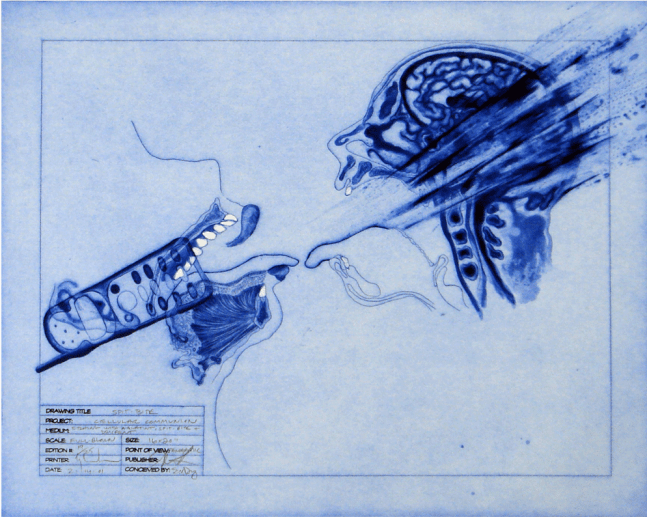Spit Bite, 2001 Cellular Communion Series, Edition of 25, Etching, rubberstamp and pencil. 20 x 24 inches.&amp;nbsp;