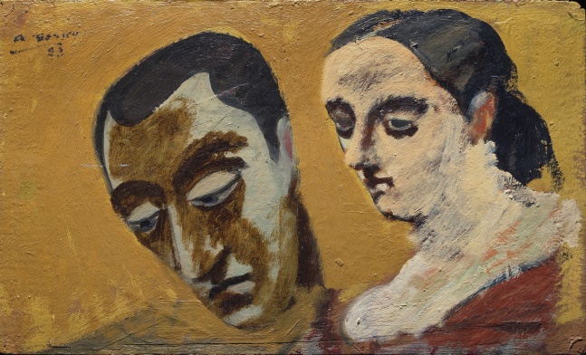 Three-quarter view of a man's head with black hair in the style of Pablo Picasso and three-quarter view of a bust of a woman with black hair in red clothing