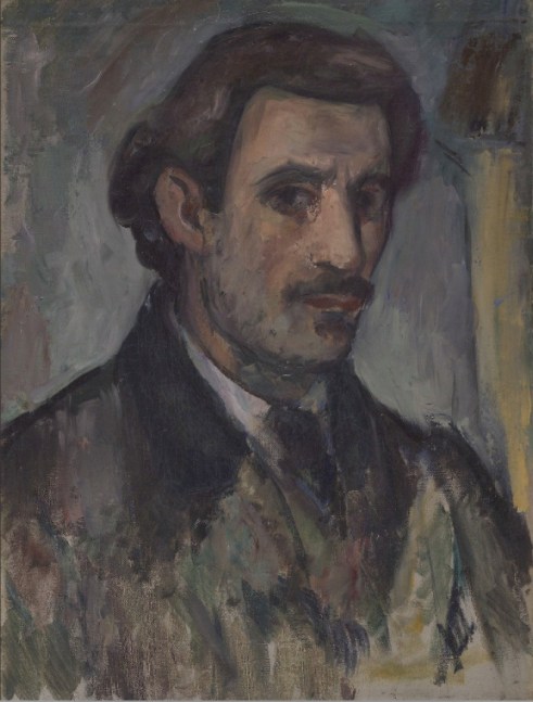 Three-quarter view self-portrait of the artist rendered in oil paint in muted colors in the style of Paul Cezanne
