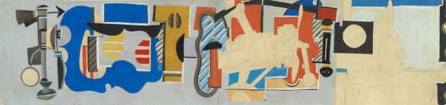 Abstract composition with nautical and aviation motifs including propellors, engines, and planes rendered predominately in blue and gray