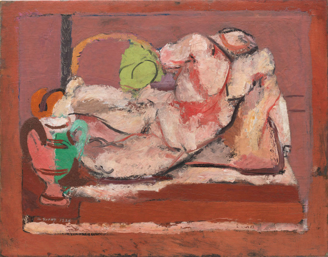 Headless nude torso reclining with a pink and green vase rendered in thick red and pink oil paint in the style of Henri Matisse
