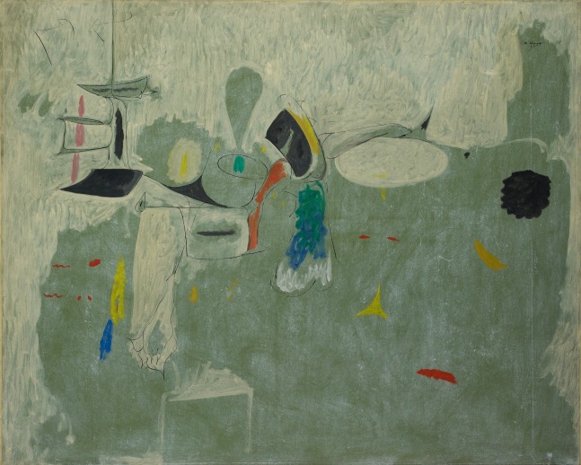 Abstract composition painted green all-over with black, blue, red, yellow, pink, and orange motifs